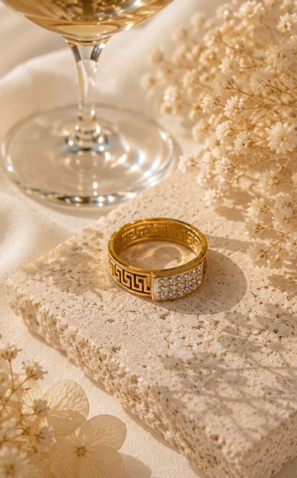 Greca Key & Crystal Plaque Ring