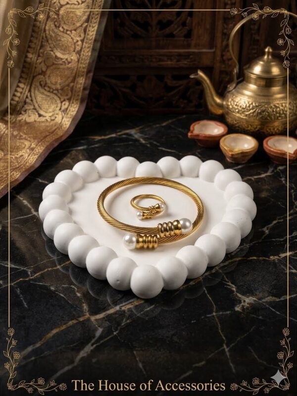 The Empress Twisted Pearl Cuff & Ring Set (free-size ring combo)