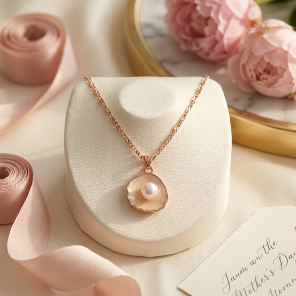 Gold Scallop Shell Pearl Pendant Necklace