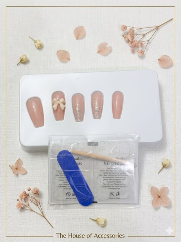 The Elegant Blush Glitter Bow Press-On Nail Set