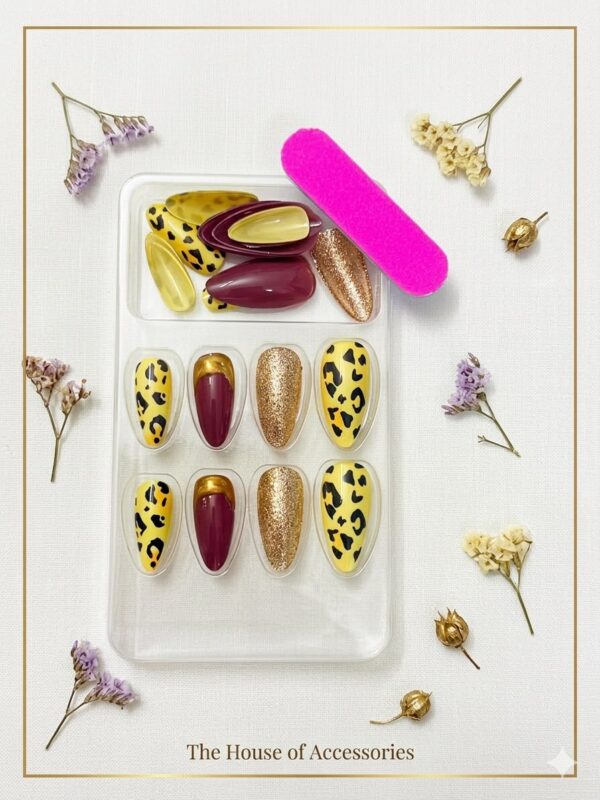 The Wild Cheetah & Burgundy Glitter Press-On Nail Set